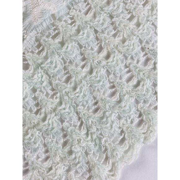 ANTIQUE BABY BLANKET DELICATE FINE 40 X 40 PALE MINT GREEN COVERLET PEACOCK VNTG - Picture 8 of 11